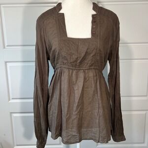 Hunky Dory Essentials Brown Cotton Peasant Tunic Top Blouse Square Neck L